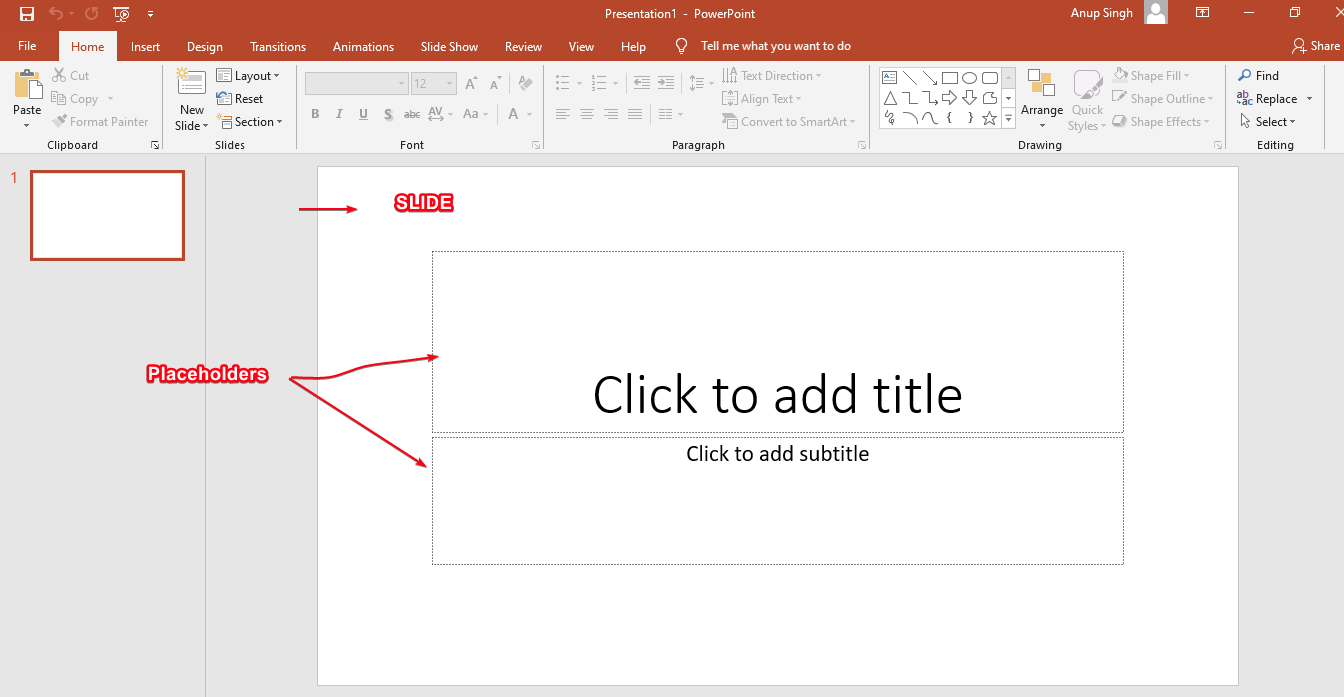 What is Slide, Placeholder & Notes in the MS PowerPoint?